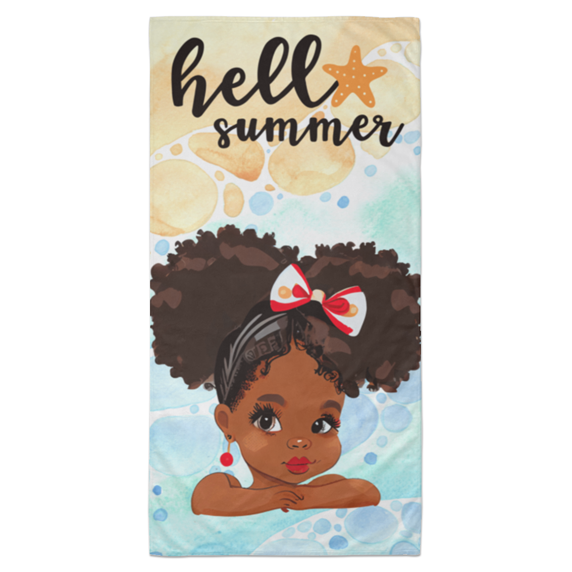 Hello Summer | Cute Afro Puff Girl Beach Towel - 35x70