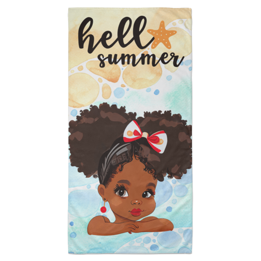 Hello Summer | Cute Afro Puff Girl Beach Towel - 35x70