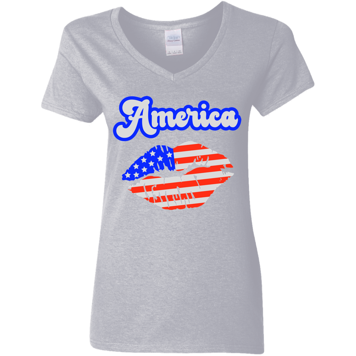 Fourth of July Flag Lips | Ladies' 5.3 oz. V-Neck T-Shirt