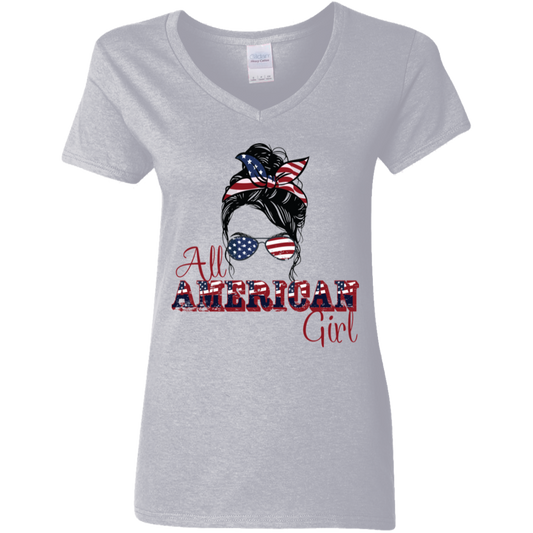 Fourth of July All American Girl | Ladies' 5.3 oz. V-Neck T-Shirt