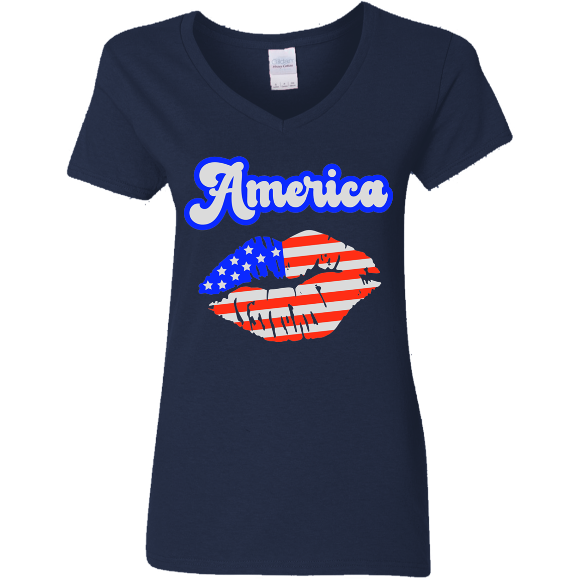 Fourth of July Flag Lips | Ladies' 5.3 oz. V-Neck T-Shirt