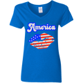 Fourth of July Flag Lips | Ladies' 5.3 oz. V-Neck T-Shirt