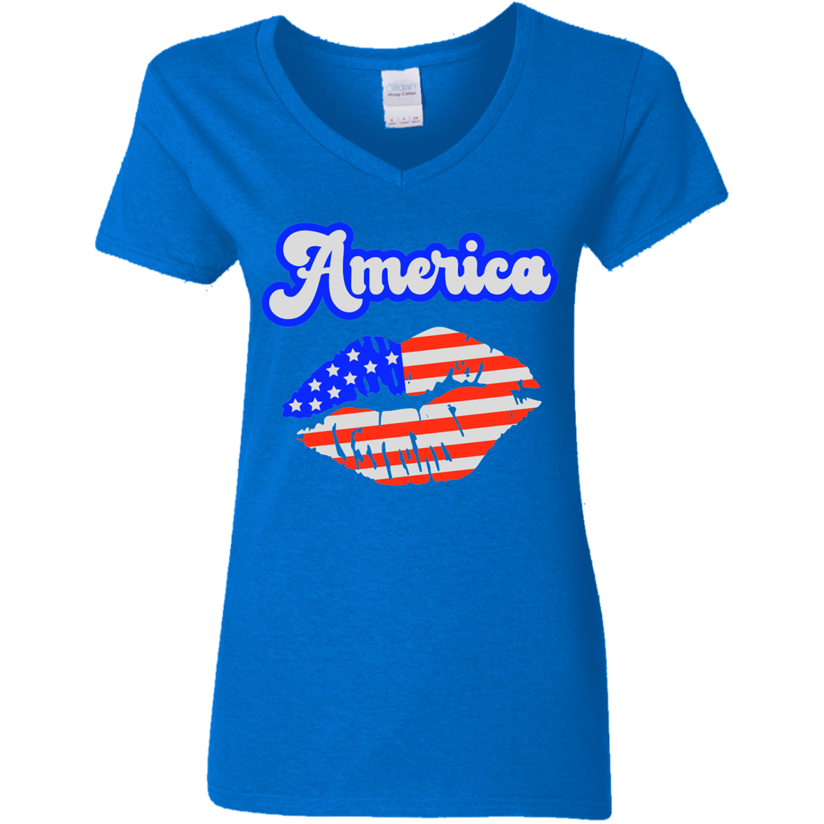 Fourth of July Flag Lips | Ladies' 5.3 oz. V-Neck T-Shirt