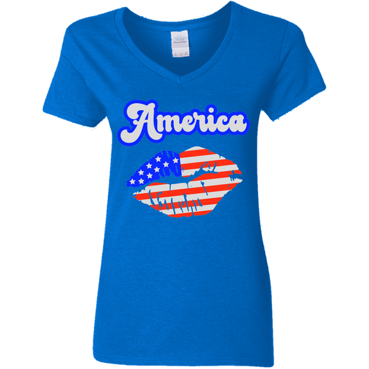 Fourth of July Flag Lips | Ladies' 5.3 oz. V-Neck T-Shirt