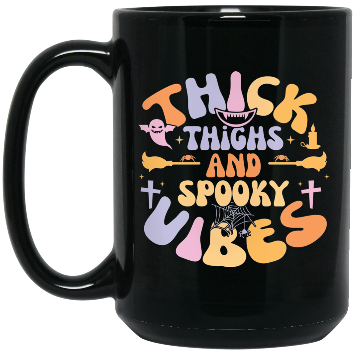 Thick Thighs And Spooky Vibes | 15 oz. Black Mug