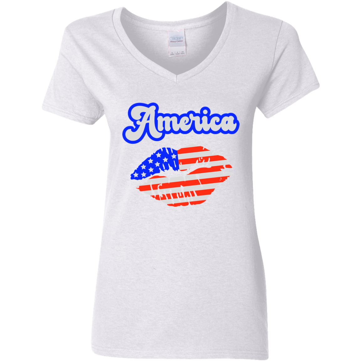 Fourth of July Flag Lips | Ladies' 5.3 oz. V-Neck T-Shirt