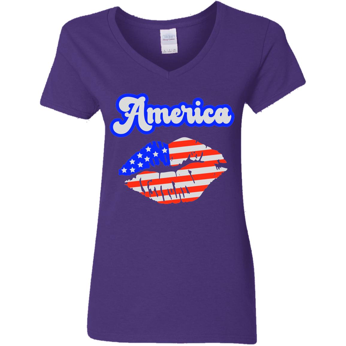 Fourth of July Flag Lips | Ladies' 5.3 oz. V-Neck T-Shirt