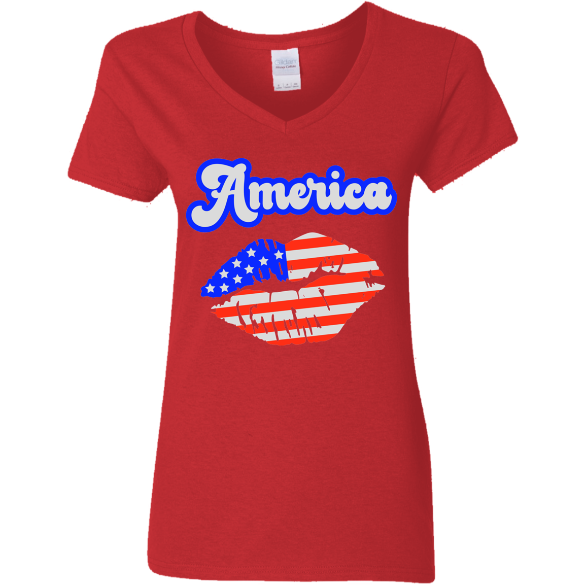 Fourth of July Flag Lips | Ladies' 5.3 oz. V-Neck T-Shirt